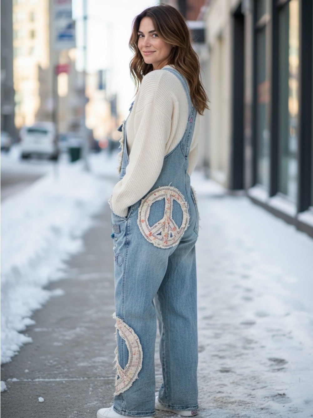 Denim Peace Patch Women’s Overalls - Light Blue
